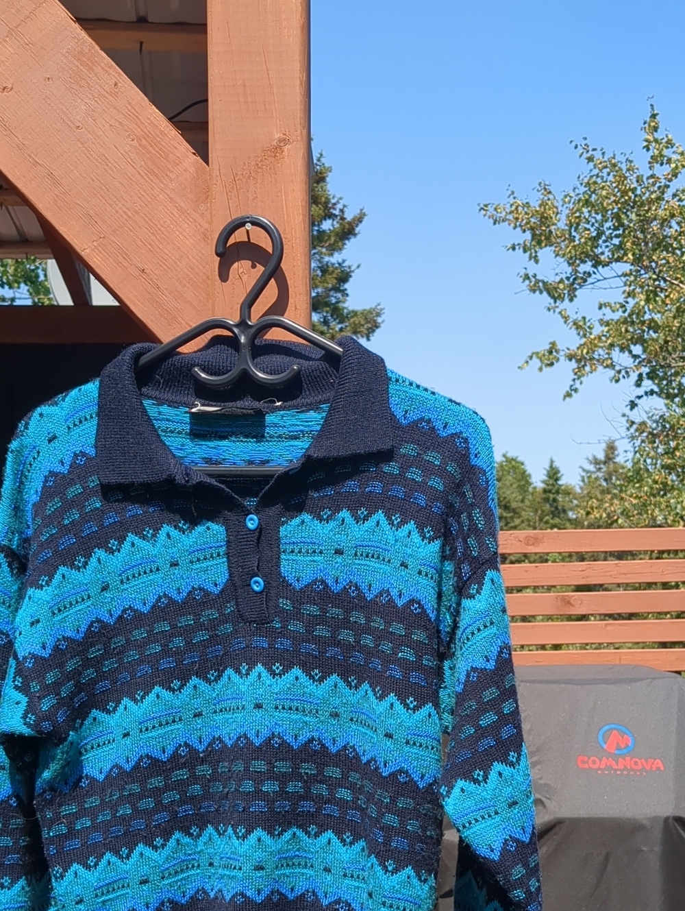 -VINTAGE- Blue Patterned Knit Polo Sweater Size 2 Made In Italy